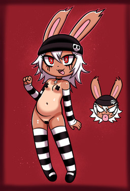 anthro armwear beanie brown_body choker clothing elbow_gloves female footwear gloves hair handwear hat headgear headwear jewelry legwear makeup navel necklace nipple_tape pasties piercing pupils pussy_tape red_pupils shoes socks solo tanned_skin tape thigh_highs tongue tongue_out tongue_piercing white_hair disfigure lagomorph leporid mammal rabbit absurd_res hi_res
