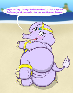 anatomically_inaccurate anus beach big_butt blush butt carpet detailed_background female feral genitals huge_butt jewelry looking_at_viewer lying on_side outside raised_tail sand sea solo sunbathing tail talking_to_viewer text toony vulva water sharkinwaves shantae_(series) wayforward shantae shantae_(elephant_form) elephant elephantid mammal proboscidean english_text hi_res
