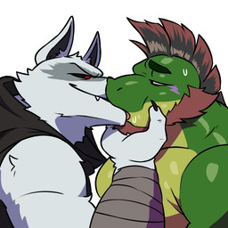 anthro arm_tuft arm_wrapping arm_wraps barazoku beard bodily_fluids brown_hair cheek_tuft claws cloak clothed clothing duo ears_up eye_contact eyebrows face_grab facial_hair facial_markings facial_tuft french_kissing fur fuzzy glistening glistening_body green_body grey_body grey_fur hair half-closed_eyes head_markings head_tuft interspecies kissing looking_at_another looking_at_partner male male/male markings mask_(marking) mohawk muscular muscular_anthro muscular_male narrowed_eyes neck_tuft pecs pointy_ears poncho prick_ears red_eyes side_view simple_background smile smirk sweat tongue tongue_out tuft white_background wrapped_arms wraps mache_art dreamworks puss_in_boots_(franchise) death_(puss_in_boots) invader_(invaderthegator) alligator alligatorid canid canine canis crocodilian mammal reptile scalie wolf 1:1