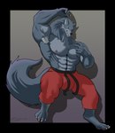 4_toes 5_claws abs anthro areola biceps big_bulge bulge claws clothed clothing digitigrade feet finger_claws fur genitals grey_body grey_fur huge_bulge humanoid_hands keikogi logo male martial_arts_uniform muscular muscular_anthro muscular_male nipples pecs penis simple_background solo sportswear standing tail text toe_claws toes topless topless_male white_claws shoes_(artist) daltenigma enigma_(daltenigma) canid canine canis mammal wolf 2022 absurd_res artist_logo digital_drawing_(artwork) digital_media_(artwork) english_text hi_res