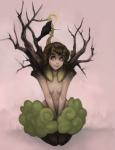 blue_eyes braided_hair breasts brown_hair female goat_ears hair horn leaf not_furry nude plant tree stringmouse fileece avian bird corvid corvus_(genus) crow elemental_creature flora_fauna humanoid nature_spirit oscine passerine