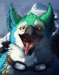 ambiguous_gender beak blue_body blue_feathers bodily_fluids detailed_background eyewear feathers gaping_mouth goggles green_body green_feathers looking_at_viewer mountain mouth_shot open_mouth orange_eyes saliva solo throat lemondeer mythology coulias avian gryphon mythological_avian mythological_creature 2018 hi_res