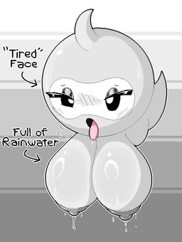 ambiguous_gender areola big_breasts black_sclera black_text blush blush_lines bodily_fluids breasts cloud eyelashes female floating grey_areola grey_body grey_nipples half-closed_eyes hanging_breasts label lactating lactating_water multicolored_body narrowed_eyes nipples not_furry open_mouth pink_tongue saliva saliva_on_tongue solo text tongue tongue_out two_tone_body unusual_bodily_fluids unusual_lactation water white_body white_eyes xelius nintendo pokemon air_creature castform elemental_creature generation_3_pokemon living_cloud normal_castform pokemon_(species) 2025 digital_media_(artwork) english_text hi_res pixel_(artwork)