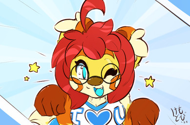 anthro cheerleader eyebrows eyelashes eyewear glasses happy i_love_you inner_ear_fluff male multicolored_body one_eye_closed round_glasses solo star teeth tongue tuft kemotobi tobiki_(kemotobi) bear mammal 2014
