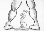 1993 3_toes ambiguous_species anthro barefoot breasts claws copyright_symbol dialogue duo english_text eric_schwartz feet female fur furry_problems hair mammal micro monochrome mouse murid murine on_one_leg plantigrade rodent simple_background size_difference standing symbol tail tall text toes white_background