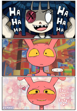 blue_hair blush blush_lines bow_(feature) button_(fastener) clothed clothing derp_eyes doll dress duo ellipsis female fur grin hair heart_symbol laugh long_ears male overalls pink_body pink_bow pink_clothing pink_dress pink_ears pink_fur purple_clothing purple_overalls rag_doll_(toy) red_nose screencap screencap_background sharp_teeth short_hair smile speech_bubble teeth text toy white_body white_skin yellow_sclera yellow_teeth pankk0 glitch_productions the_amazing_digital_circus evil_jax_(tadc) evil_ragatha_(tadc) animate_inanimate lagomorph leporid living_doll mammal rabbit comic english_text hi_res