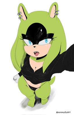 anthro barefoot black_clothing black_nose black_shirt black_topwear blue_eyes breasts cleavage clothed clothing ear_piercing ear_ring eyelashes feet female fur gloves green_body green_fur hair handwear long_hair loose_hair narrowed_eyes piercing ring_(jewelry) ring_piercing sharp_teeth shirt solo tail teeth thong tongue tongue_out topwear underwear soranygyart idw_publishing sega sonic_the_hedgehog_(comics) sonic_the_hedgehog_(idw) sonic_the_hedgehog_(series) surge_the_tenrec afrosoricid mammal tenrec hi_res