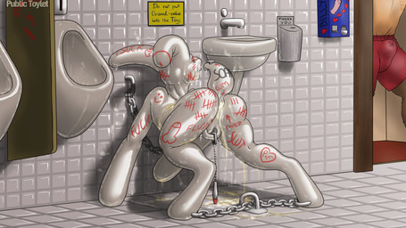 anal_sheath anus bathroom bdsm biped bodily_fluids body_art body_writing bondage bottomwear bound boxers_(clothing) brown_body brown_fur bulge butt chain chained clothing cum cum_dumpster cum_stain duo fur genital_fluids genitals glistening graffiti heart_symbol inside latex male male/male marker messy open_mouth orange_clothing orange_topwear peeing penis piercing profanity public public_restroom public_use quadruped red_bottomwear red_clothing restraints sex_toy shirt shorts sign slave stain tally_marks text topwear underwear urinal urine watersports western_tally_marks wet white_body writing_on_butt mot animate_inanimate lagomorph leporid mammal rabbit 16:9 digital_media_(artwork) english_text hi_res widescreen