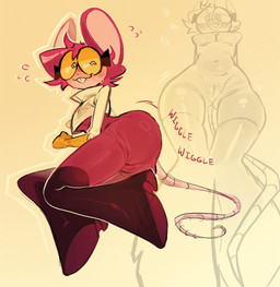 blush blush_lines bodily_fluids boots bottomless bottomwear breasts buckteeth butt camel_toe clothed clothing coat dialogue eyewear female footwear fur genitals glasses gloves hair handwear lab_coat laugh low-angle_view lying motion_lines mouse_tail nervous nervous_smile nervous_sweat on_side open_mouth outline pants pink_body pink_fur pink_hair shaking_butt shoes short_hair solo spiral spiral_eyes sweat teeth text topwear vulva wiggling_hips yellow_sclera kyomahub muffin_(goommymuffin) mammal murid murine rodent colored english_text