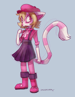 anthro blonde_hair clothed clothing female fur hair pink_body solo white_body spacesmilodon floraverse white_beleth_(floraverse) felid feline mammal 2015 absurd_res hi_res