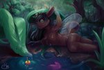 anthro black_hair breasts brown_body butt female forest hair horn leaf nipples nude outside plant raining smile solo tree water wings hawtmoon mits_(character) hybrid 2019 hi_res