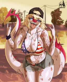 american_flag_bikini anthro big_breasts bikini biped blonde_hair blue_eyes bottomwear breasts clothed clothed_anthro clothed_female clothing day devil_horns_(gesture) dirt dirty female fingers flag_bikini flag_swimwear front_view gesture hair hand_gesture hotpants humanoid_hands jewelry logo long_hair long_tail looking_at_viewer necklace non-mammal_breasts outside pink_body pink_scales plant scales seductive shorts skimpy solo spiked_tail spikes spikes_(anatomy) standing swimwear tail text tongue tongue_out tree two-piece_swimsuit white_body white_scales puffycrow cavemanon_studios grand_theft_auto_vi i_wani_hug_that_gator mia_moretti dinosaur hadrosaurid ornithischian ornithopod parasaurolophus prehistoric_species reptile scalie 2025 absurd_res artist_logo artist_name colored hi_res portrait shaded three-quarter_portrait