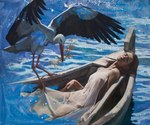 ambiguous_gender beak boat branch breasts brown_hair clothing duo eyes_closed female feral hair iridescent iridescent_dress iridescent_feathers mostly_nude nipples pubes translucent translucent_clothing undressing_another vehicle water watercraft gnevol avian bird human mammal stork hi_res oil_painting_(artwork) painting_(artwork) traditional_media_(artwork) traditional_painting_(artwork)