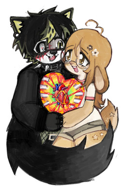 accessory ahoge ambiguous_gender anthro black_body black_fur black_hair bone bottomwear brown_body brown_fur brown_hair buckteeth clothed clothing collar conjoined duo ear_piercing ear_ring eyebrow_through_hair eyebrows eyelashes eyewear fangs fat_tissue flower flower_in_hair fur gauged_ear glasses gore green_eyes green_hair hair hair_accessory heart_(organ) heart_symbol heterochromia hotpants markings multicolored_hair open_mouth organs piercing plant pointy_ears prick_ears ribs ring_piercing shorts simple_background smile spiked_collar spikes star_(marking) stitched_face surgical_suture symbolism tail teeth translucent translucent_hair vein white_background white_eyelashes white_eyes alunka canid canine lagomorph leporid mammal rabbit digital_media_(artwork) hi_res
