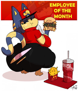 anthro beverage big_breasts big_butt bottomwear breasts burger butt cheese clothing container cup curvy_figure dairy_products disposable_cup employee_of_the_month employee_uniform fast_food female food fries huge_butt looking_back pants pink_clothing pink_underwear pouting shortstack simple_background soda solo tail text thick_thighs torn_bottomwear torn_clothing torn_pants underwear wide_hips thehoneybutter animal_crossing bepis nintendo ankha_(animal_crossing) domestic_cat felid feline felis mammal english_text hi_res