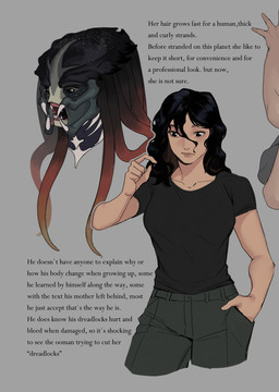 black_eyes black_hair bottomwear breasts clothed clothed_female clothed_human clothing exposition female female_human hair hand_in_pocket long_hair male male_humanoid mandibles pants pockets pseudo_hair sharp_teeth shirt t-shirt teeth tentacle_hair tentacles text topwear leafjuly predator_(franchise) alien alien_humanoid human humanoid mammal yautja absurd_res colored english_text headshot_portrait hi_res portrait three-quarter_portrait
