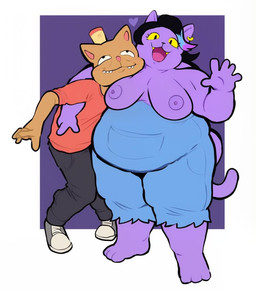 5_fingers ambiguous_gender anthro areola barefoot black_bottomwear black_clothing black_hair black_pants blue_clothing blue_overalls bottomwear breasts brown_body brown_fur closed_smile clothed clothing duo exposed_breasts face_on_breast feet female fingers footwear fur gesture hair heart_symbol looking_at_viewer male mouth_closed nipples open_mouth open_smile overalls overweight overweight_anthro overweight_female pants purple_body purple_fur red_clothing red_shirt red_t-shirt red_topwear shirt shoes side_hug smile sneakers t-shirt tail topless topless_anthro topless_female topwear waving waving_at_viewer yellow_sclera unknown_artist undertale_(series) burgerpants catty_(undertale) domestic_cat felid feline felis mammal digital_drawing_(artwork) digital_media_(artwork) source_request