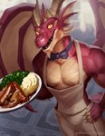 anthro apron bow_tie brown_body brown_horn brown_scales clothed clothing food horn male mashed_potatoes meat membrane_(anatomy) membranous_wings red_body red_scales sausage scales serving_food solo tail topless wings yellow_eyes enkiefa blizzard_entertainment european_mythology mythology warcraft dracthyr dragon humanoid mythological_creature mythological_scalie scalie western_dragon