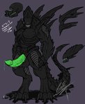 anthro back_spikes balls big_penis black_body black_skin bodily_fluids claws colored_cum cum erection eyeless genital_fluids genitals green_cum green_penis large_male looking_at_viewer macro male muscular muscular_anthro muscular_male nude open_mouth penis precum simple_background smile smirk solo spikes spikes_(anatomy) teeth text tongue unusual_bodily_fluids unusual_cum unusual_genital_fluids grilder123 alien_(franchise) alien xenomorph 2015 digital_media_(artwork) english_text hi_res signature traditional_media_(artwork) watermark