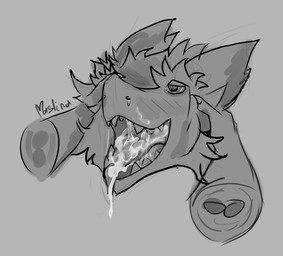 anthro bodily_fluids cum cum_in_mouth cum_inside disembodied_hand fur genital_fluids head_grab looking_at_viewer male open_mouth simple_background solo teeth tongue maslina bukmar sergal monochrome