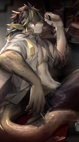 anthro bare_chest black_bottomwear black_clothing black_pants bottomwear cigarette clothing eyewear hair hat headgear headwear inside male multicolored_hair pants plant sitting smile smoking solo sunglasses tail topwear white_body white_clothing white_topwear shabi96522 arknights hypergryph mythology studio_montagne lee_(arknights) dragon mythological_creature mythological_scalie scalie 2022 9:16 absurd_res hi_res