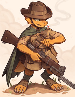 5_fingers accessory anthro bag bayonet belt bottomwear brown_clothing brown_hat brown_headwear button_(fastener) cape cigarette claws clothed clothed_anthro clothing desert fingers footwear front_view furgonomics grass green_cape green_clothing gun hat headgear headwear holding_cigarette holding_gun holding_object holding_ranged_weapon holding_weapon knife male mouth_closed orange_body plant pouch_(clothing) ranged_weapon shorts slouch_hat smoking smoking_cigarette snaggle_tooth solo standing tail tail_accessory tail_bag tan_bottomwear tan_clothing tan_shirt tan_shorts tan_topwear toe_claws topwear weapon yellow_body goobone kobold scalie 2025 digital_media_(artwork) full-length_portrait hi_res portrait