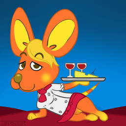 alcohol anthro beverage blonde_hair brown_nose cheese chef_uniform clothed clothing container cup dairy_products drinking_glass female food fur genitals glass glass_container glass_cup hair holding_tray looking_at_viewer lying markings on_side orange_body orange_fur simple_background solo striped_markings striped_tail stripes tail tail_markings vulva wine wine_glass sergaelic animal_crossing nintendo bettina_(animal_crossing) mammal mouse murid murine rodent 2020 digital_media_(artwork)