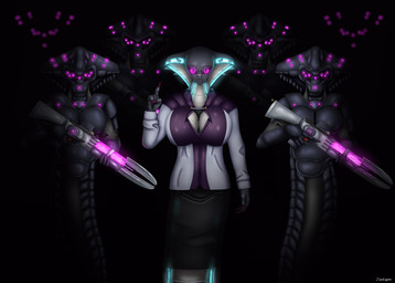 ambiguous_gender apode armor big_breasts bioluminescence bioluminescent_eyes black_background black_body black_bottomwear black_clothing black_skirt blue_markings body_armor bottomwear breasts cleavage_cutout clothing colored_nails cutout dictator eyes_in_darkness female frown frowning_at_viewer glowing glowing_eyes glowing_markings group gun headgear helmet intimidating_female legless markings mask military military_uniform nails pink_eyes pink_light plasma_rifle pupils purple_clothing purple_shirt purple_topwear raised_finger ranged_weapon rifle rifles serpentine shirt simple_background skirt slit_pupils snake_hood soldier spikes spikes_(anatomy) topwear trigger_discipline uniform warrior weapon white_clothing white_shirt white_topwear tamhigan_(artist) x-com fan_character psi_(tamhigan) alien draconcopode naga reptile scalie snake viper_(x-com) digital_drawing_(artwork) digital_media_(artwork) hi_res signature story story_in_description