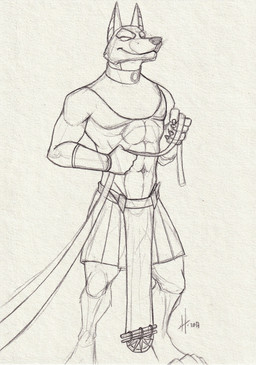 abs anthro bottomwear clothing front_view male male_anthro mouth_closed muscular muscular_anthro muscular_male navel pecs simple_background skirt solo standing hufnaar canid canine mammal 2017 absurd_res dated hi_res monochrome sketch