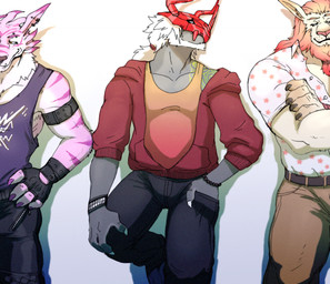 anthro armor barbell_piercing beard clothed clothing ear_piercing ear_ring eyebrow_barbell eyebrow_piercing facial_hair facial_piercing fur group hair headgear helmet horn horned_helmet male piercing pink_body pink_fur ponytail pose ring_piercing simple_background standing trio hyenaface bandai_namco digimon blitzgreymon canid canine digimon_(species) felid humanoid leomon lion lizard mammal pantherine reptile scalie wargreymon weregarurumon