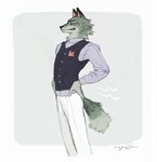 animal_crossing anthro bottomwear canid canine canis clothing dobie_(animal_crossing) dress_shirt fur grey_body grey_fur hands_on_hips hi_res male mammal mature_anthro mature_male mucknagabe nintendo pants shirt simple_background solo standing topwear vest wolf