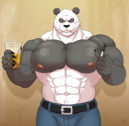abs anthro belt beverage biceps bottomwear cigarette cigarette_in_mouth cigarette_smoke claws clothed clothing container cup eye_scar facial_scar looking_at_viewer male muscular muscular_anthro muscular_male nipples object_in_mouth pants pecs pink_nipples presenting scar shirtless simple_background smile smoke solo tea topless jabuhusky beastars gouhin_(beastars) bear giant_panda mammal 2021 absurd_res hi_res