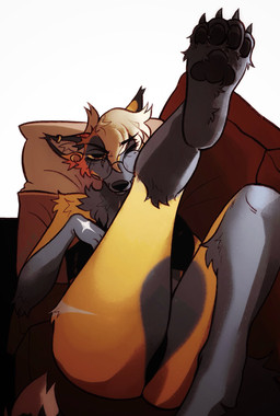 ambiguous_gender anthro biped black_body black_clothing black_fur black_pawpads black_underwear blonde_hair brown_body brown_fur butt butt_focus claws clothing ear_piercing eyebrow_through_hair eyebrows eyelashes eyewear fur furniture glasses hair inner_ear_fluff looking_at_viewer markings neck_tuft on_sofa one_eye_closed pawpads paws piercing raised_leg rear_view round_glasses simple_background sofa solo star_(marking) suggestive_look suggestive_pose tail thick_thighs translucent translucent_hair tuft underwear white_background wink winking_at_viewer mjsty canid canine canis mammal wolf digital_drawing_(artwork) digital_media_(artwork) hi_res