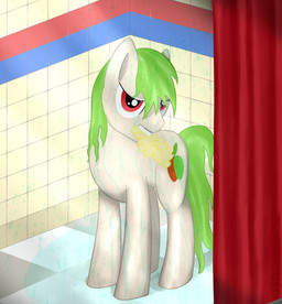 big_eyes casual_nudity curtains cutie_mark fanfic feral fur green_hair hair inside looking_at_viewer male mouth_hold nude quadruped red_eyes shower solo sponge tail toony water wet white_body white_fur kaczy hasbro my_little_pony avalon fan_character earth_pony equid equine horse mammal pony hi_res