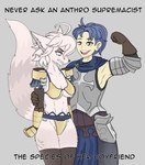 absurd_res alain_(unicorn_overlord) anthro armor bikini_armor blue_eyes blue_hair canid canine dinah_(unicorn_overlord) duo embarrassed english_text female female_anthro flexing fox fur hair hi_res human humanoid humor male male/female male_human male_human/female_anthro mammal meme purple_eyes smile text thick_thighs unconvincing_armor unicorn_overlord unknown_artist vanillaware white_body white_fur