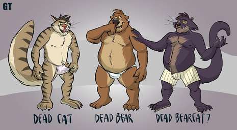 anthro belly black_body black_fur blood bodily_fluids brown_body brown_fur bulge fur group long_tail male nosebleed slightly_chubby stripes tail trio whiskers gtskunkrat b_(dead_stray_bear) bear binturong domestic_cat felid feline felis mammal viverrid