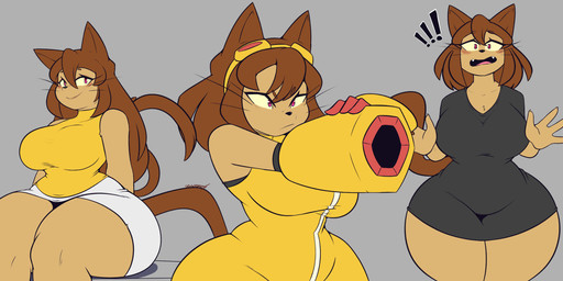 anthro arm_cannon big_breasts black_clothing black_dress blush bottomwear breasts brown_hair clothed clothed_anthro clothed_female clothing dress eyewear eyewear_on_head female goggles goggles_on_head hair long_hair looking_at_viewer pink_eyes skirt solo tail thick_thighs topwear whiskers white_bottomwear white_clothing white_skirt wide_hips yellow_clothing yellow_topwear dewwydarts gameoverse glitch_productions kit_bodega domestic_cat felid feline felis mammal 2026 hi_res