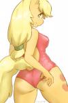 2:3 anthro anthrofied applejack_(mlp) backless_clothing backless_swimsuit biped blonde_hair breasts butt clothing cutie_mark earth_pony equid equine female freckles friendship_is_magic fur green_eyes hair hasbro hi_res horse looking_at_viewer looking_back mammal my_little_pony one-piece_swimsuit open-back_swimsuit orange_body orange_fur pony rear_view side_boob smile solo standing swimwear the-rasp-b tied_hair