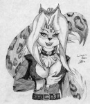 anthro belt bracelet clothed clothing dress female fully_clothed jewelry leopard_spots looking_at_viewer solo spots tail daelyhelaxon felid mammal pantherine snow_leopard greyscale half-length_portrait monochrome portrait