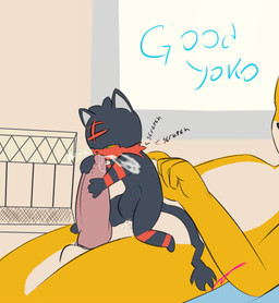 abdominal_bulge anthro anthro_on_feral bestiality bodily_fluids cum cum_in_mouth cum_inside dominant drinking drinking_cum duo erection female feral genital_fluids genitals larger_dom male multi_nipple nipples on_bottom on_top oral penis reverse_cowgirl_position sex size_difference straddling vaginal_fluids vulva kamperkiller nintendo pokemon canid canine fox generation_7_pokemon litten mammal pokemon_(species) 2016 hi_res