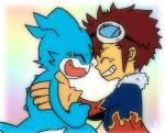 blue_body blue_skin carrying_another clothing duo eyes_closed eyewear fangs gloves goggles hair handwear male rainbow_background simple_background teeth unknown_artist bandai_namco digimon davis_motomiya digimon_(species) human mammal veemon