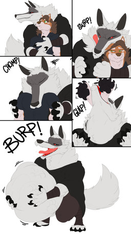 abdominal_bulge after_vore anthro arm_wrapping arm_wraps arms_around_partner bite bottomwear brown_body brown_fur brown_hair burping cheek_tuft claws cloak clothing digitigrade duo ear_bite ears_up eyebrows eyes_closed facial_markings facial_tuft fluffy fluffy_tail fur fuzzy green_eyes grin hair half-closed_eyes hand_on_belly hand_outline head_in_mouth head_markings head_tuft holding_belly hug hugging_another hugging_from_behind larger_pred leg_wraps licking licking_lips licking_own_lips looking_at_another male male/male markings mask_(marking) motion_lines narrowed_eyes neck_bulge neck_tuft open_mouth open_smile pants pawpads pointy_ears poncho prick_ears red_eyes same_size_vore shirt simple_background size_difference smile soft_vore standing swallowing tail teeth tongue tongue_out topwear tuft vore white_background white_body white_fur willing_pred willing_prey wrapped_arms wrapped_legs wraps heartman98 dreamworks puss_in_boots_(franchise) death_(puss_in_boots) canid canine canis mammal wolf absurd_res comic hi_res