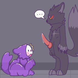 animal_genitalia anthro balls black_body black_fur bodily_fluids canine_genitalia cum cum_drip dripping duo feral fur genital_fluids genitals knot knotted_penis male penis purple_body slime_pup_(kaiju_paradise) speech_bubble standing surprised tail young young_feral artbyitzo kaiju_paradise roblox canid canine gootraxian mammal panther_gootraxian 1:1 2023 hi_res