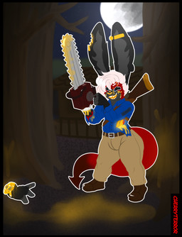 anthro blue_eyes chainsaw clothing costume ear_piercing eyebrow_piercing eyewear facial_piercing freckled_face freckles glasses glowing glowing_eyes hair halloween_costume holidays imp_tail male piercing power_tool short_hair simple_background size_difference slime smaller_male smile smiling_at_viewer tools wearing_glasses white_hair cherryterror evil_dead halloween ash_williams jack_the_mimic goo_creature lagomorph mammal 2025 absurd_res detailed digital_media_(artwork) hi_res