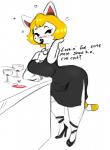 alcohol anthro beverage black_clothing black_dress blonde_hair blush breasts clothing dress drunk female footwear fur hair high_heels lips lipstick makeup seductive shoes solo substance_intoxication text white_body white_fur wide_hips wine roy_mccloud animal_crossing nintendo monique_(animal_crossing) domestic_cat felid feline felis mammal english_text full-length_portrait portrait