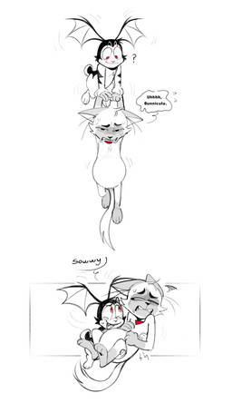 anthro bodily_fluids carrying_another collar duo fangs flying front_view fur half-closed_eyes hands_on_wrists head_wings holding_another looking_at_another male male/male narrowed_eyes one_eye_closed one_eye_half-closed pregnant pregnant_anthro pregnant_male question_mark red_collar red_eyes scut_tail sharp_teeth short_tail speech_bubble sweat tail teeth text three-quarter_view tired tongue unusual_wing_placement wings wrist_grab viat_on bunnicula_(series) bunnicula chester_(bunnicula) domestic_cat felid feline felis lagomorph leporid mammal rabbit siamese_cat vampire 2026 digital_media_(artwork) english_text hi_res