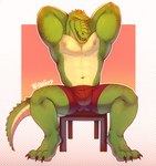 anthro barefoot bottomwear bulge chair clothing feet furniture green_body green_scales hands_behind_head male muscular muscular_anthro muscular_arms muscular_male navel neck_ridge nipples non-mammal_navel non-mammal_nipples on_chair red_bottomwear red_clothing red_shorts scales seductive shorts sitting sitting_on_chair solo tail tail_ridge ventral_scales yellow_body yellow_eyes yellow_scales xeoniios crocodile crocodilian reptile scalie 2020 absurd_res digital_media_(artwork) hi_res signature