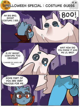 anthro backsack balls blue_balls blue_body blue_butt blue_fur blue_perineum blue_tail butt dialogue duo exposure_to_minor flaccid foreskin fur genitals ghost_costume glans holidays humanoid_genitalia humanoid_penis looking_at_genitalia looking_at_penis male penis perineum speech_bubble tail text unretracted_foreskin yellow_penis young young_anthro ryess halloween nintendo pokemon lucca_(ryess) ree_(ryess) generation_4_pokemon lucario pokemon_(species) riolu 3:4 comic english_text hi_res brother_(lore) brothers_(lore) sibling_(lore)