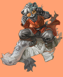 anthro black_nose black_spots bottomwear claws clothed clothing coat_cape cross crouching eyewear finger_claws fur glasses grey_body grey_fur kemono looking_at_viewer male pants robotic_arm simple_background solo spots tinted_glasses jyhls felid mammal pantherine snow_leopard absurd_res hi_res