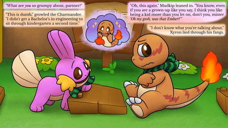 after_transformation age_regression ambiguous_gender dialogue duo feral flower grass harmony_scarf male orange_body pink_body plant scarf school text crizbn nintendo pokemon pokemon_mystery_dungeon spike_chunsoft xyron_the_charmander charmander generation_1_pokemon generation_3_pokemon mudkip pokemon_(species) shiny_pokemon 16:9 adversarial_noise comic english_text hi_res widescreen